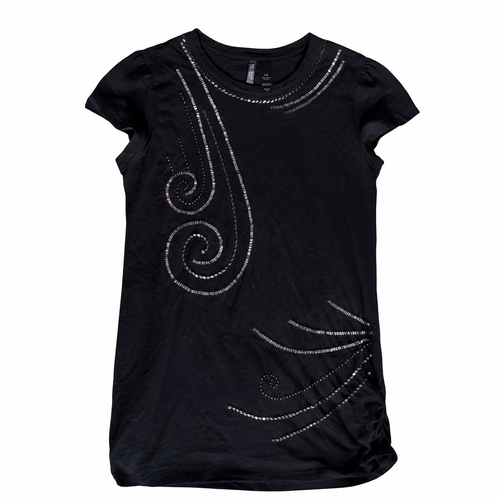 Bisou Bisou Black Short Sleeve Tee with Metallic Bead Trim